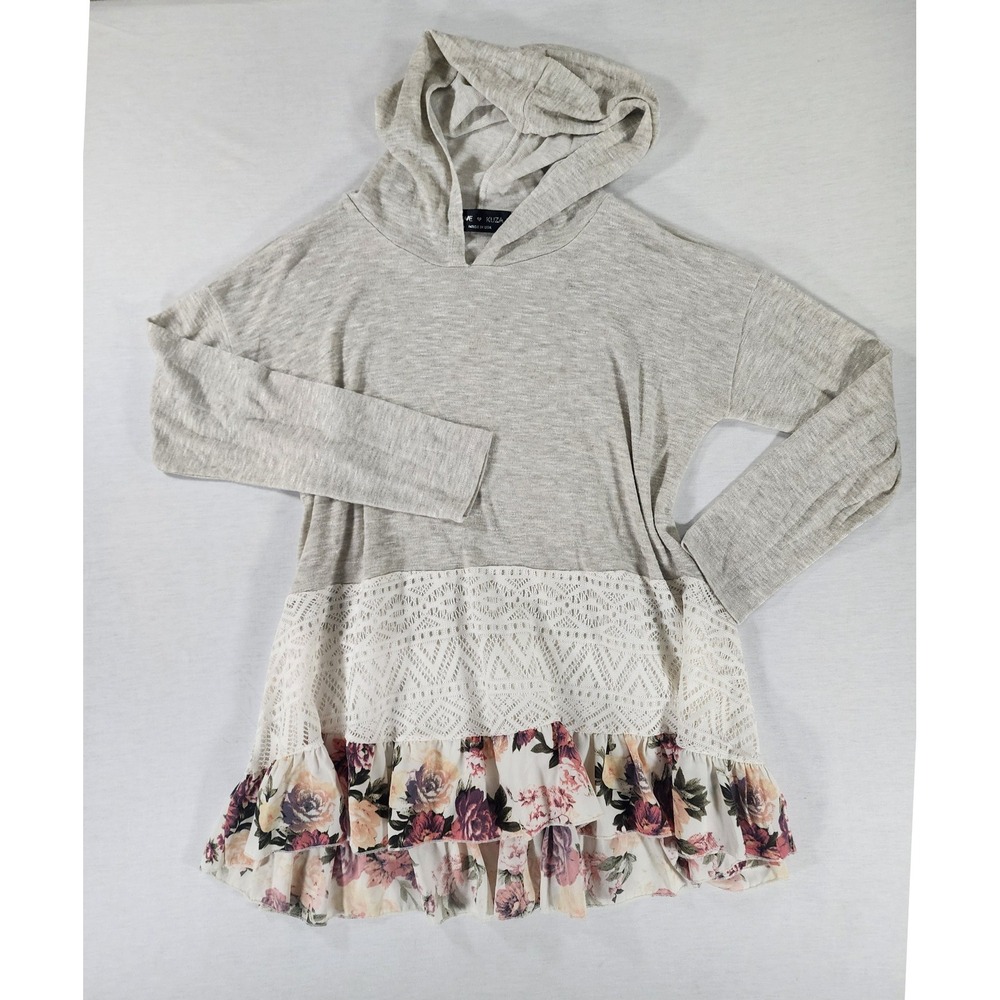Love Kuza Hoodie Women Medium Boho Floral Lace Ruffle Gray/Cream Romantic Tiered